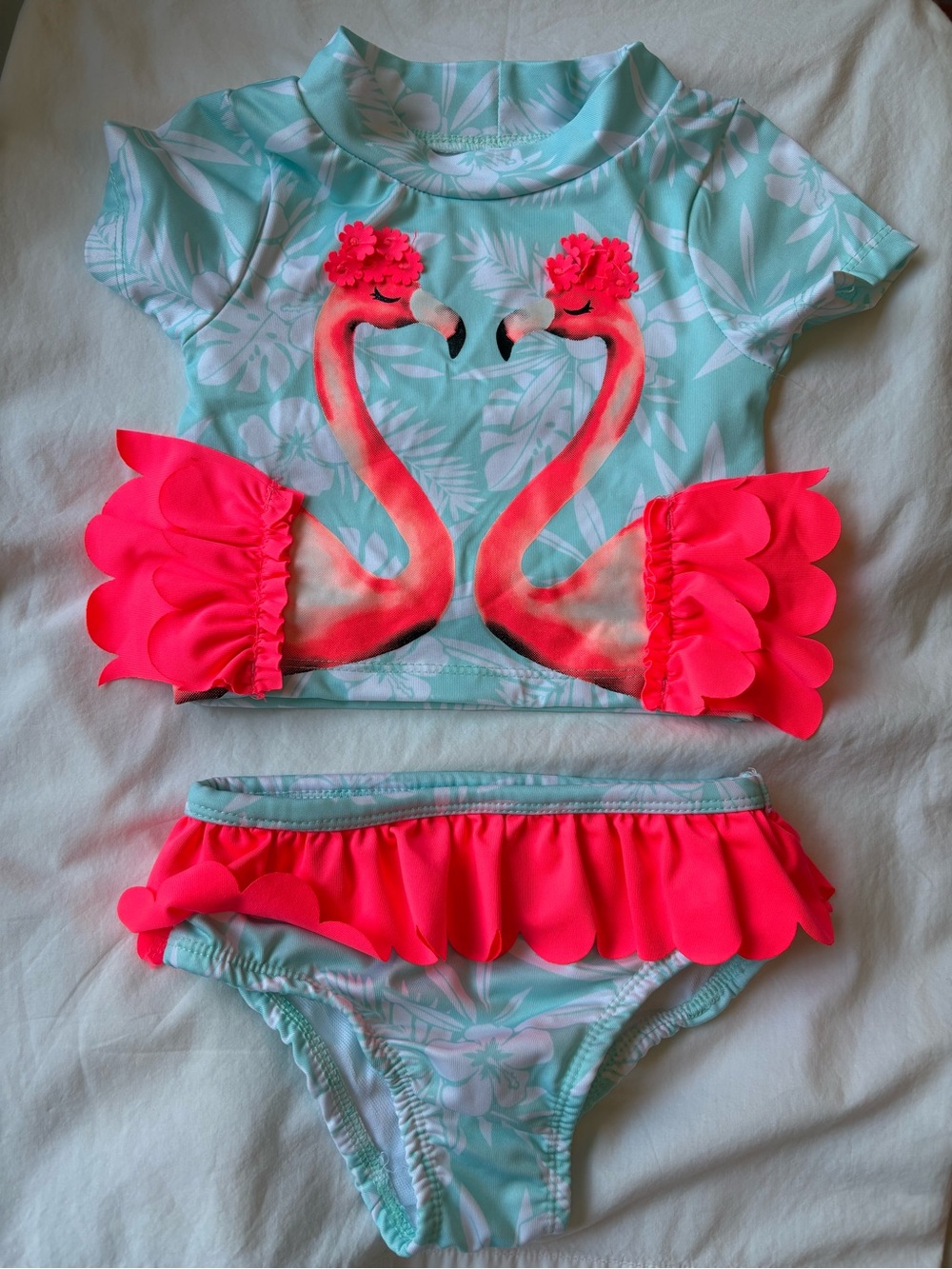 Penelope Mack Girls Aqua Flamingo Two-Piece Swim Set with Neon Pink Ruffles 3T